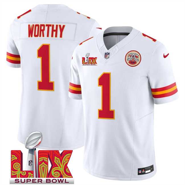 Men & Women & Youth Kansas City Chiefs #1 Xavier Worthy White 2025 Super Bowl LIX Patch F.U.S.E. Vapor Limited Stitched Jersey